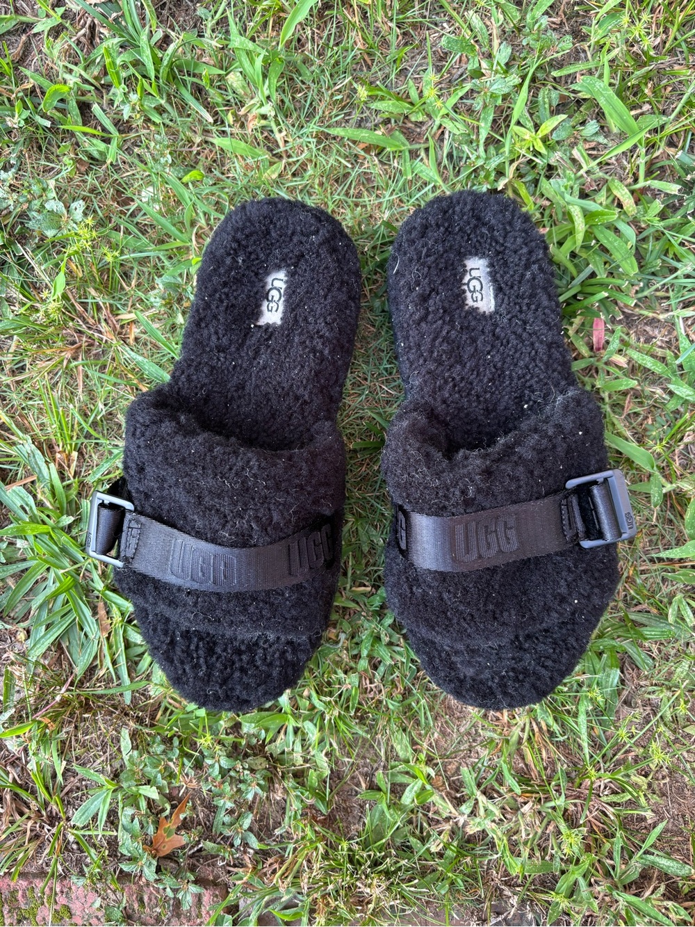 UGG Black Fuzzy Slide Mules with Branded Strap
